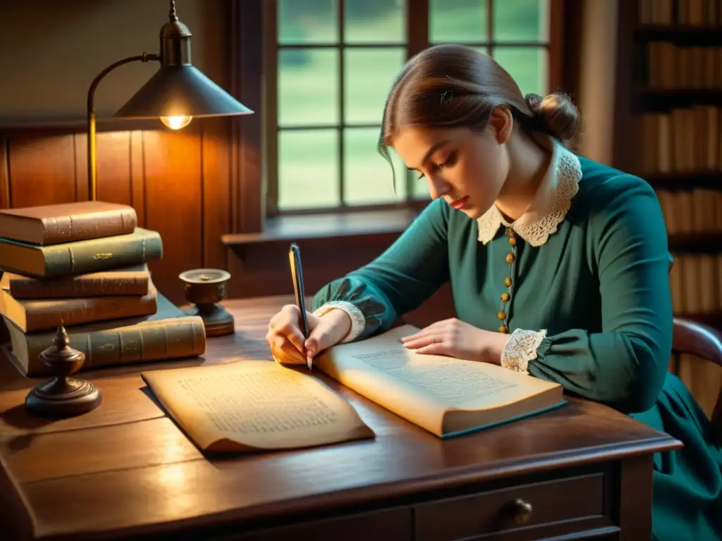 Persona reflexiva en escritorio antiguo rodeada de libros, evocando la influencia de la escritura en la cultura