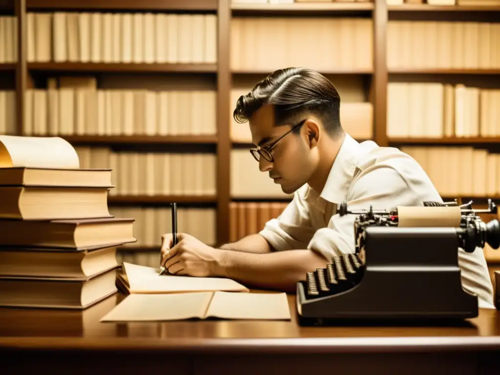 Persona reflexiva en escritorio vintage rodeada de libros y papel, con máquina de escribir antigua