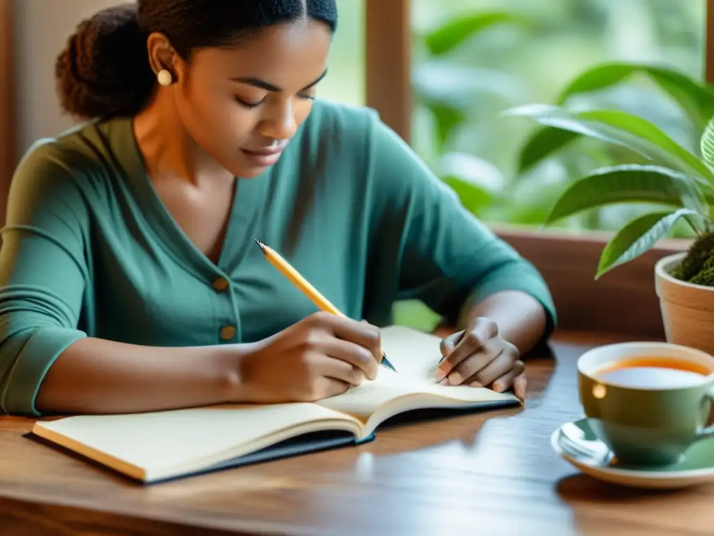 Persona relajada escribiendo con técnicas de escritura expresiva para manejar estrés en un entorno tranquilo con plantas, luz natural y taza de té