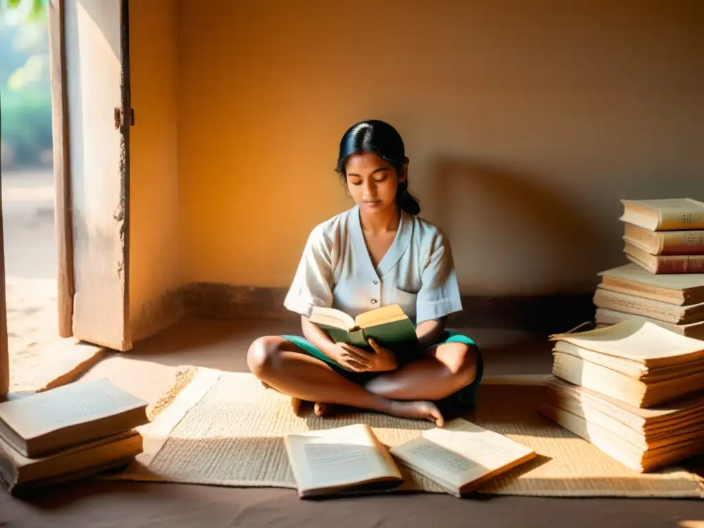 Persona rodeada de libros antiguos y apuntes, estudia bengalí en un ambiente acogedor