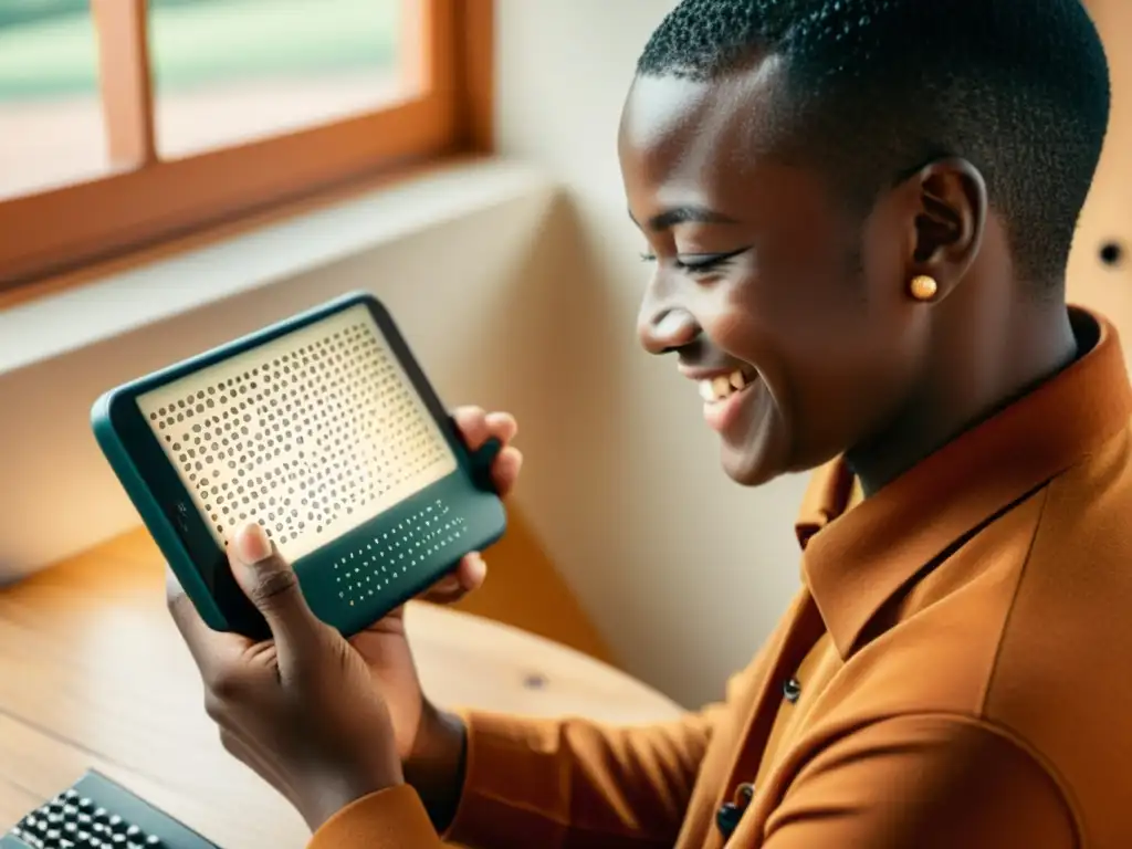 Una persona sonriente usa un display braille con un teléfono, evocando independencia y tecnología braille