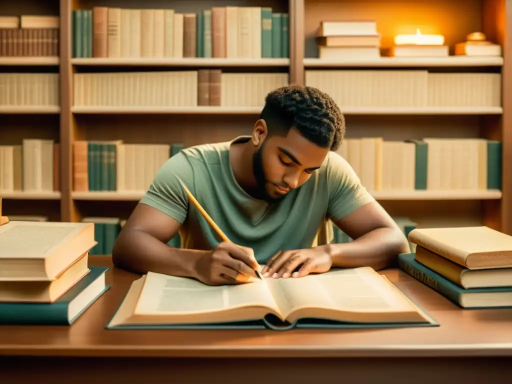 Persona estudiando textos griegos antiguos en un ambiente cálido y acogedor, perfecto para aplicaciones para aprender griego clásico