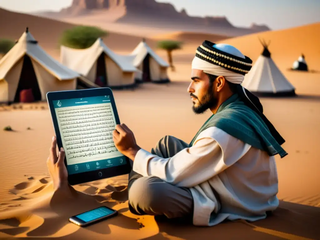 Aprendiendo Tifinagh: Tradición y tecnología en el desierto Persona tuareg practica escritura Tifinagh en app, fusionando tradición y tecnología en el desierto