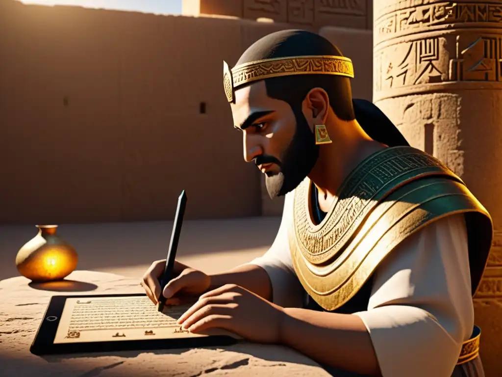 Personaje en videojuego escribiendo en cuneiforme con tablet virtual en Mesopotamia