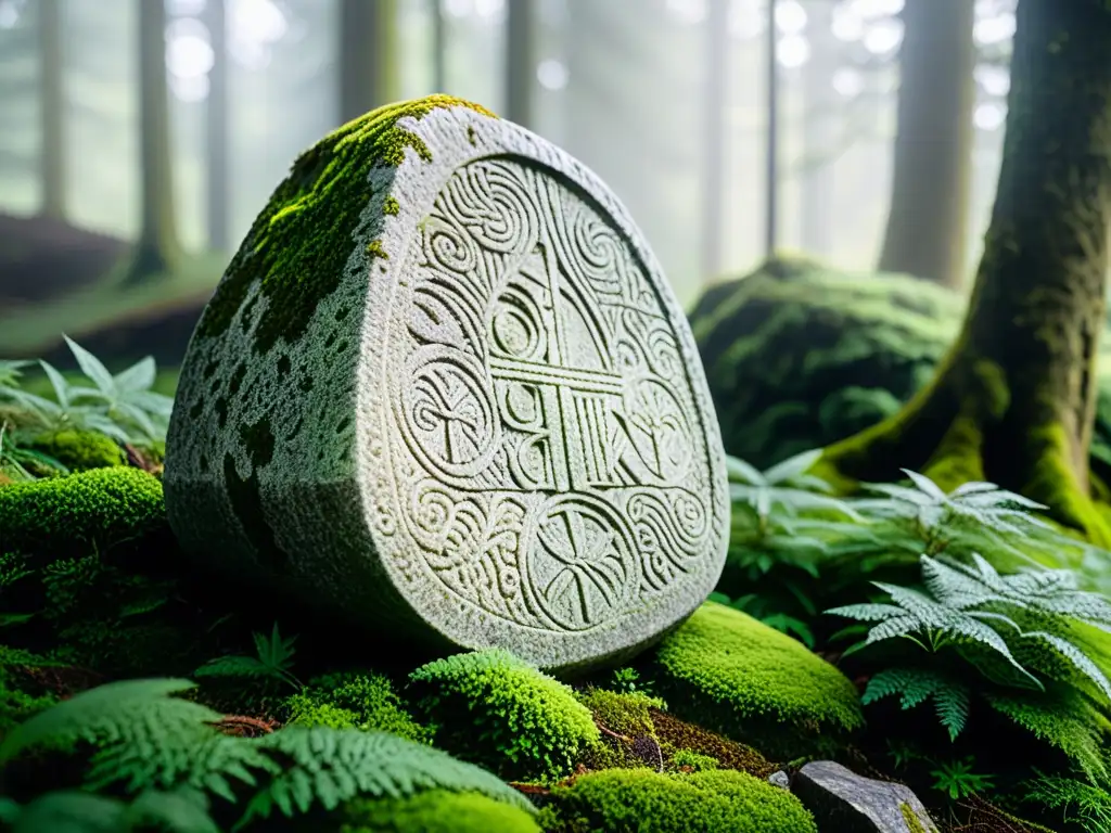 Una piedra rúnica vikinga con musgo y líquenes en un bosque escandinavo, evocando la historia de las runas vikingas