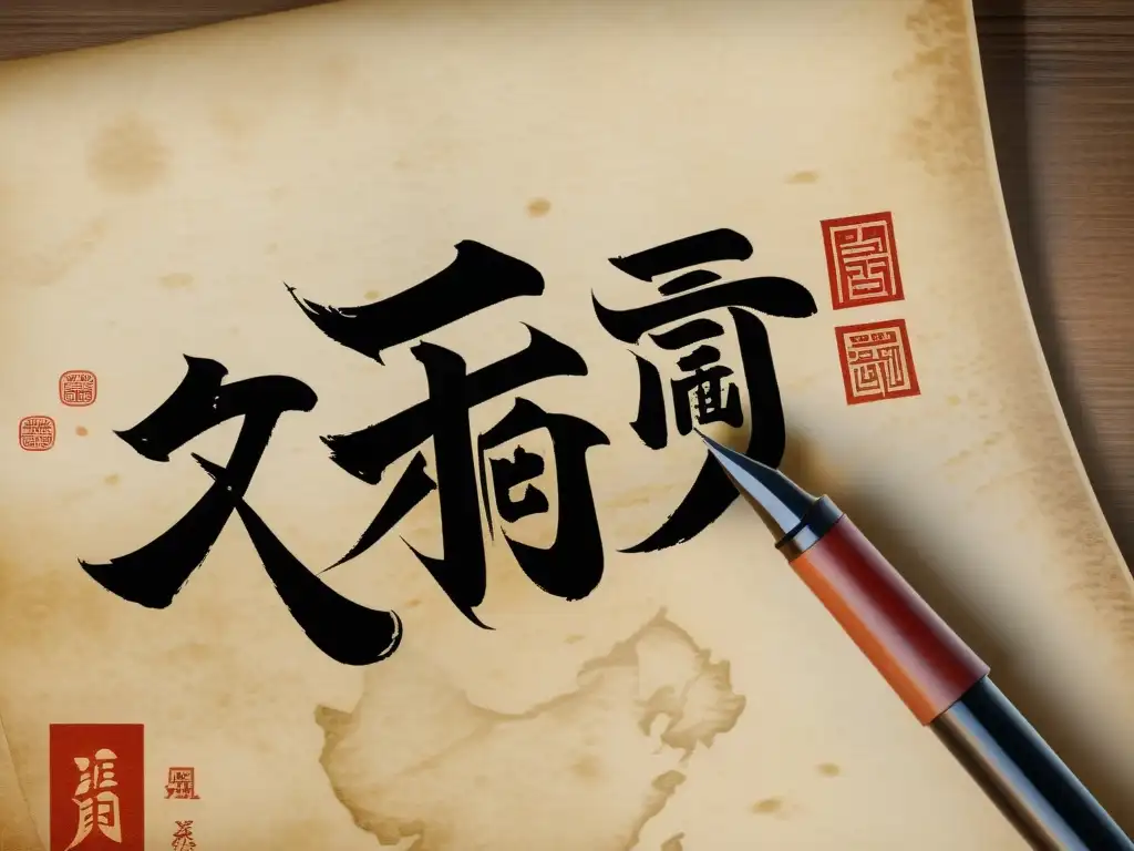 Un pincel de caligrafía chino traza elegantes caracteres en un pergamino antiguo, resaltando la destreza y belleza de la escritura china, evocando la riqueza cultural y la precisión de los juegos de palabras escritura china