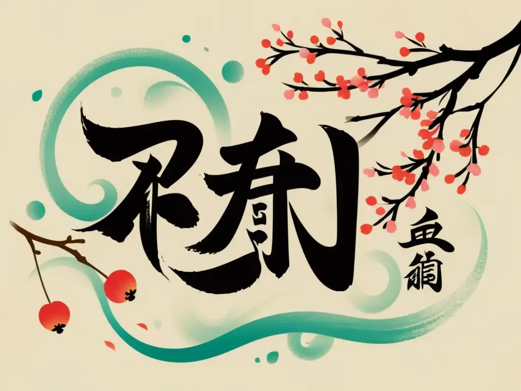 Caligrafía china: belleza atemporal en tinta y flores de cerezo Un pincel de caligrafía chino traza elegantes caracteres Hanzi entre ramas de cerezo, simbolizando la influencia del Hanzi en Asia