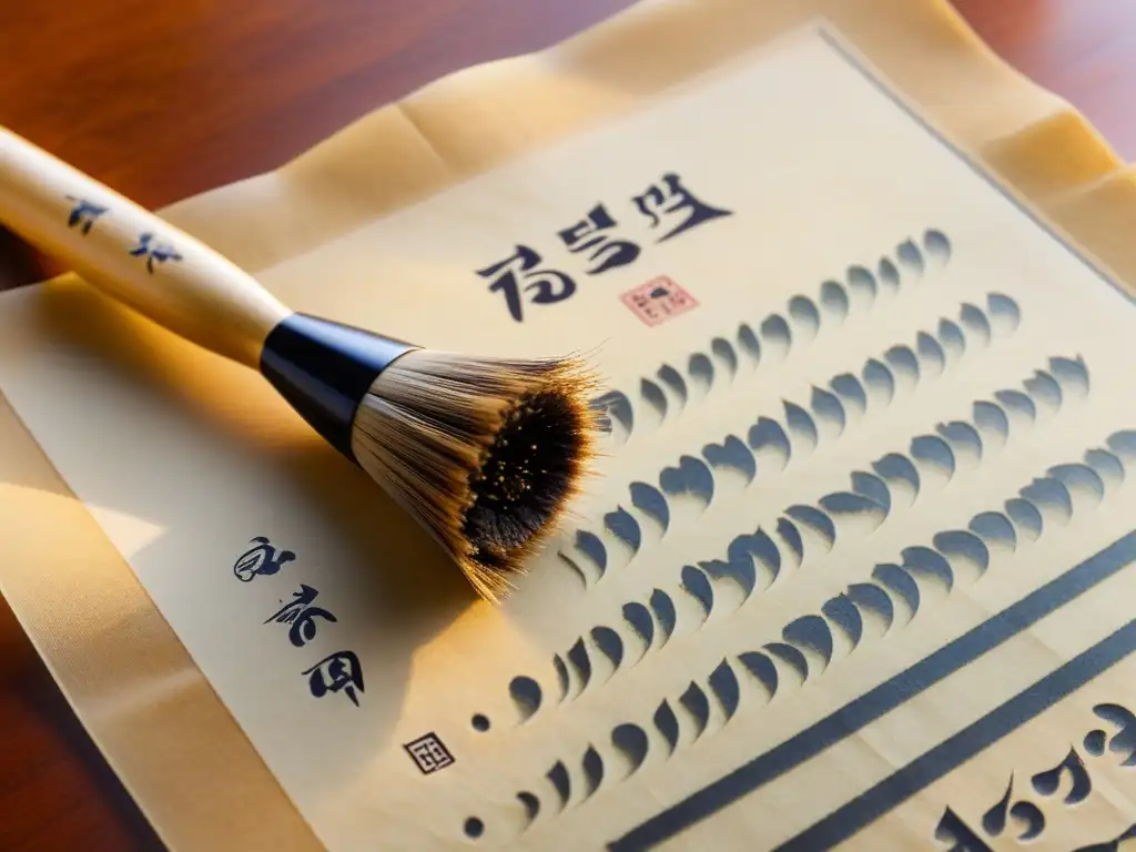 Un pincel de caligrafía coreana descansa sobre un pergamino con elegantes caracteres Hangul