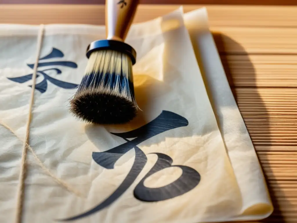 Un pincel de caligrafía japonés descansa sobre papel de arroz, listo para crear un Kanji