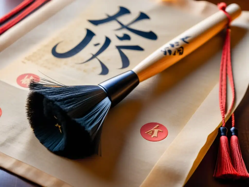 Un pincel de caligrafía japonés reposa sobre un pergamino envejecido con elegantes caracteres Kanji