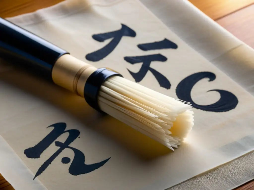 Un pincel de caligrafía japonés tradicional se prepara para escribir kanji con tinta negra sobre papel de arroz, exudando precisión y anticipación