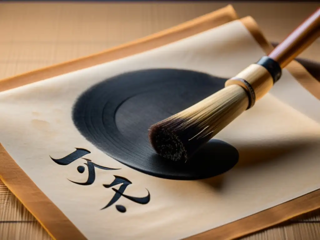 Un pincel de caligrafía japonés tradicional traza un Kanji en papel, con luz cálida y detalles vintage