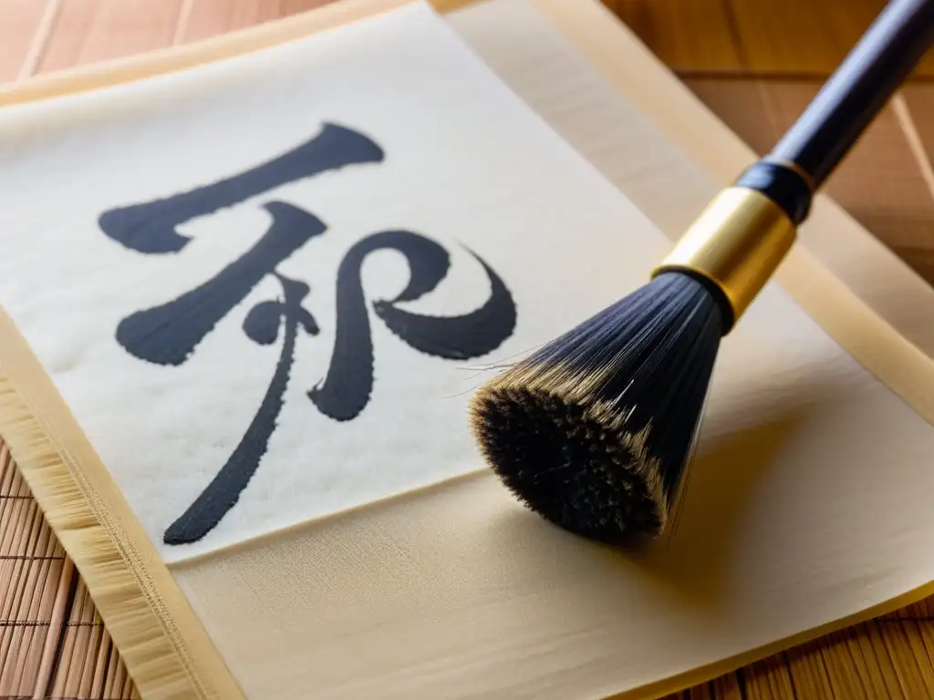 Un pincel de caligrafía japonesa cargado de tinta negra sobre papel de arroz, listo para aprender kanji escritura japonesa