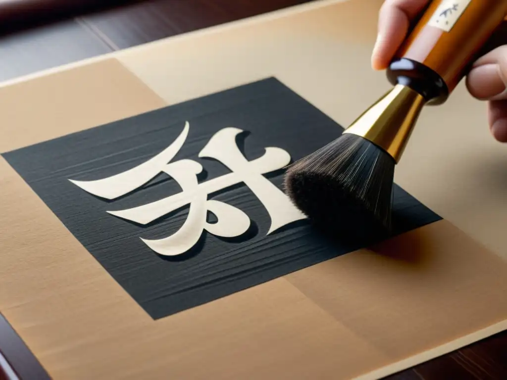 Un pincel japonés vintage detalladamente traza un Kanji en papel washi, resaltando la artesanía del sistema de escritura Kanji japonés