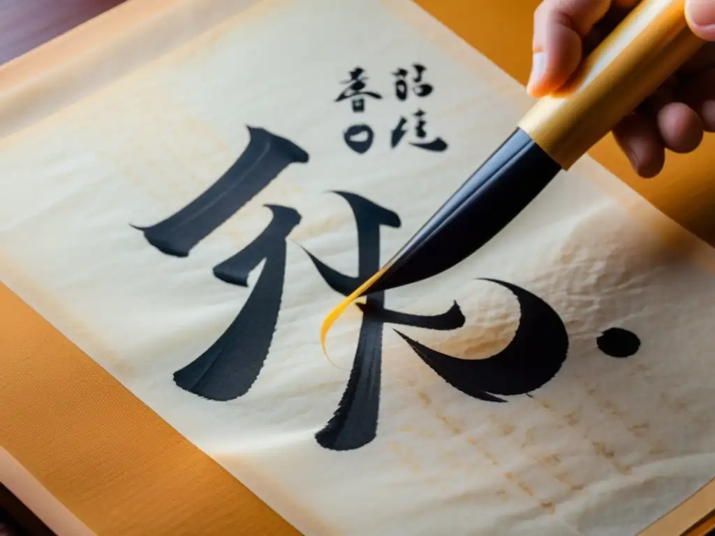 Una pincelada precisa y delicada de un kanji en papel de arroz, iluminado suavemente