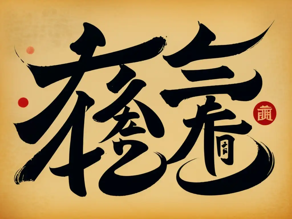 Exquisita caligrafía china: caracteres Hanzi en detalle Una ilustración vintage de pinceladas caligráficas formando caracteres chinos, mostrando la influencia del Hanzi en Asia con elegancia y sofisticación