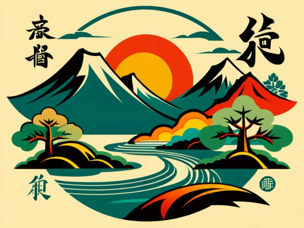 Una ilustración vintage de la pintura japonesa tradicional representando los cuatro elementos a través de kanji intrincados