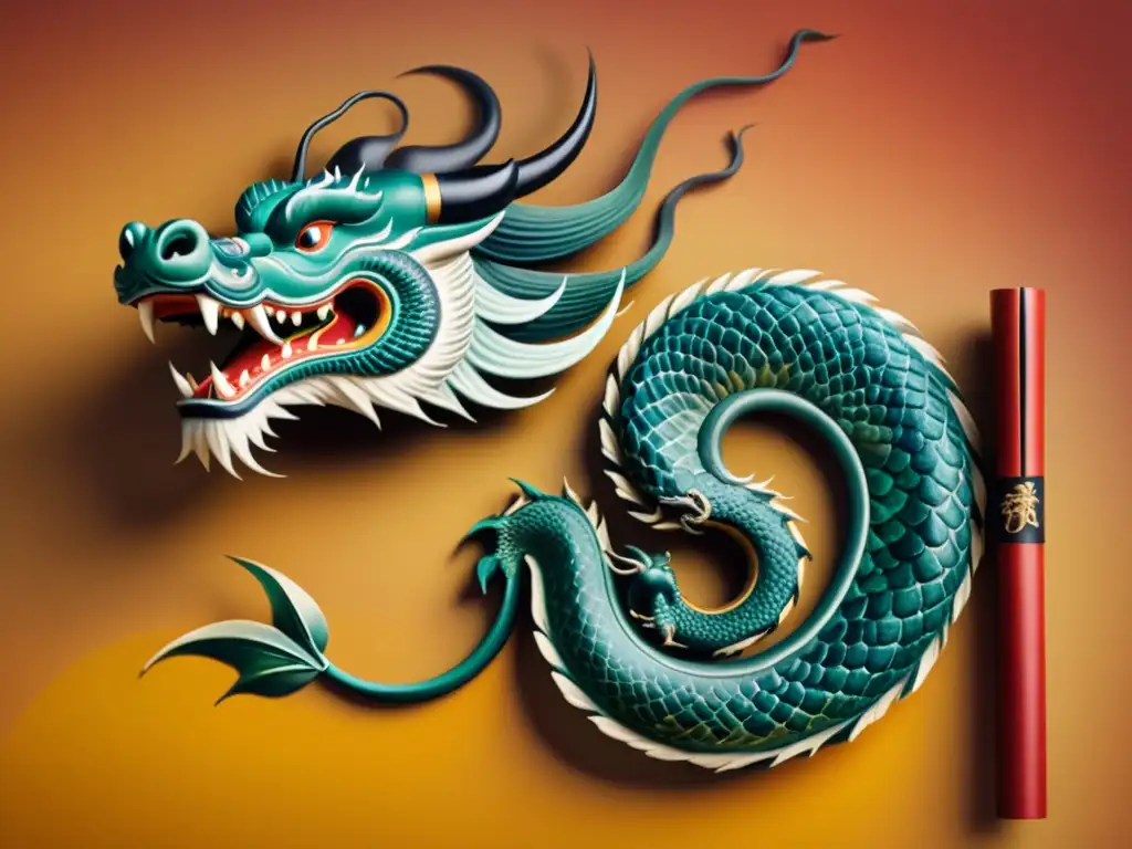 Dragón chino majestuoso y Hanzi: pintura antigua Una pintura de pincel de caligrafía china antigua de un majestuoso dragón enroscado alrededor de un carácter Hanzi tradicional, con detalles intrincados y colores vintage vibrantes, simbolizando la rica historia y la significancia cultural perdurable del sistema de escritura chino: