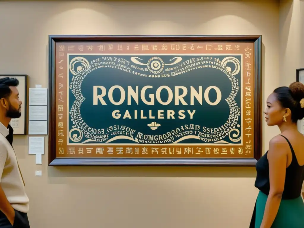 Una pintura vintage de una galería de arte moderno con el enigma del sistema de escritura rongorongo como punto focal, rodeada de admiradores intrigados por su misterio y detalle exquisito