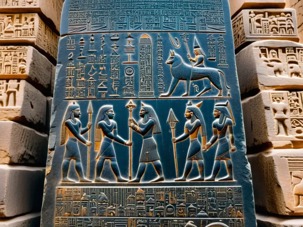 Placa antigua de basalto con inscripciones cuneiformes de Hammurabi y grabados de Shamash y figuras, evocando sabiduría ancestral