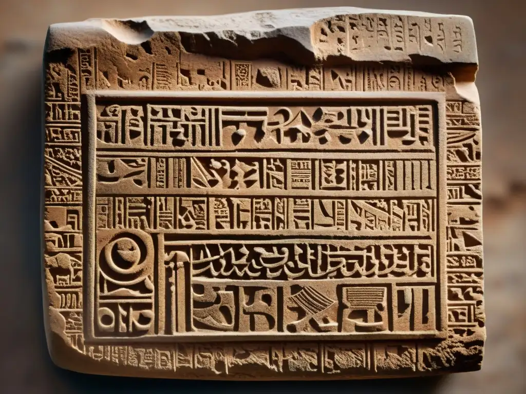 Placa antigua con inscripciones cuneiformes, bañada por cálida luz, evocando misterio y antigüedad