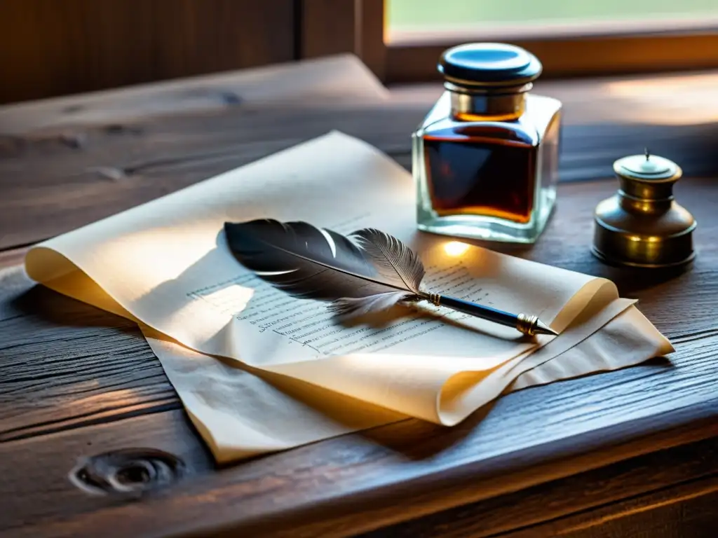 Pluma de escritura y tintero en un escritorio de madera, listos para la narrativa visual en manuscritos modernos