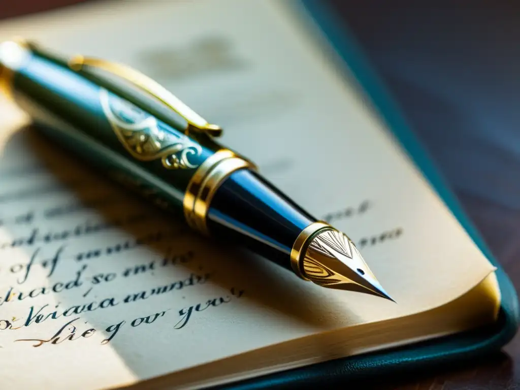 Una pluma fuente antigua descansa sobre un cuaderno de cuero, iluminada por la luz natural, evocando el valor de mercado de sistemas de escritura