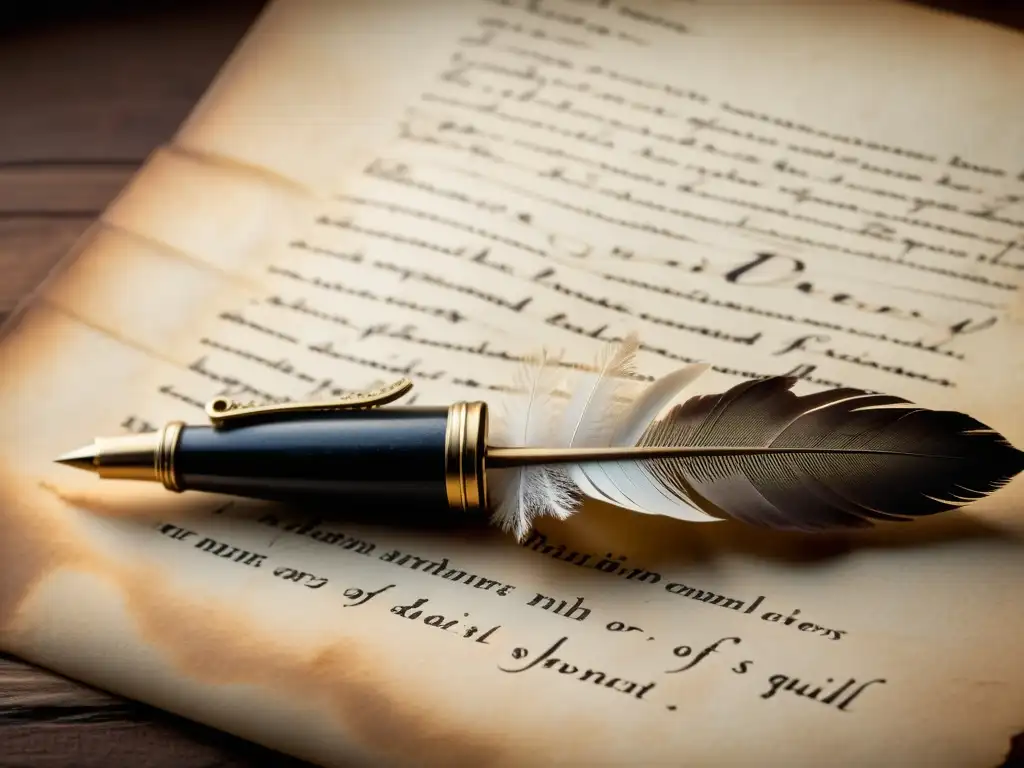 Pluma antigua sobre pergamino: elegancia gótica Una pluma vintage descansa sobre un pergamino envejecido, con caligrafía gótica detallada