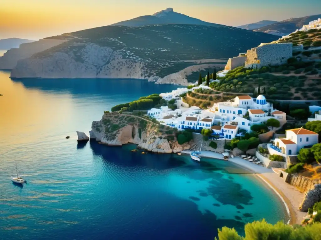 Postal vintage de isla griega con casas blancas y azules junto al mar Egeo al atardecer