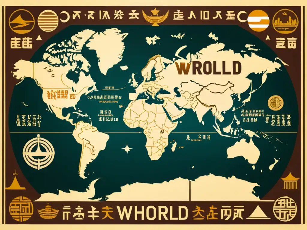 Un póster vintage detallado con antiguos sistemas de escritura de culturas en un mapa del mundo, evocando historia y diversidad cultural