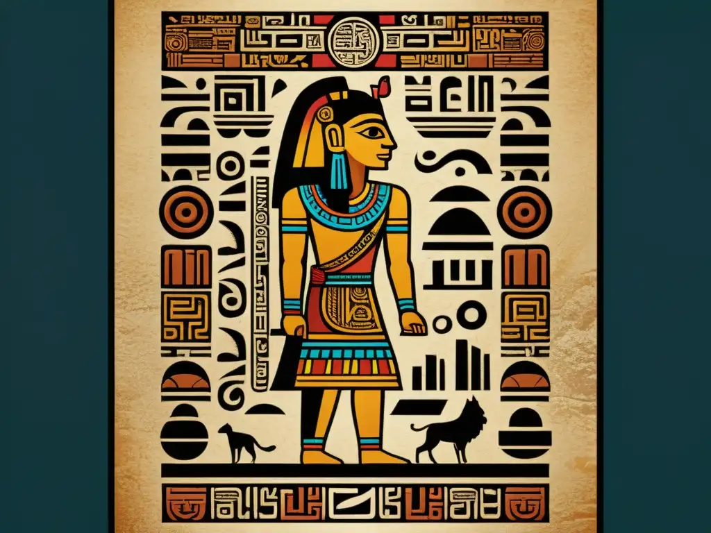 Poster vintage de alta resolución con jeroglíficos mayas esculpidos en piedra, en colores terrosos vibrantes