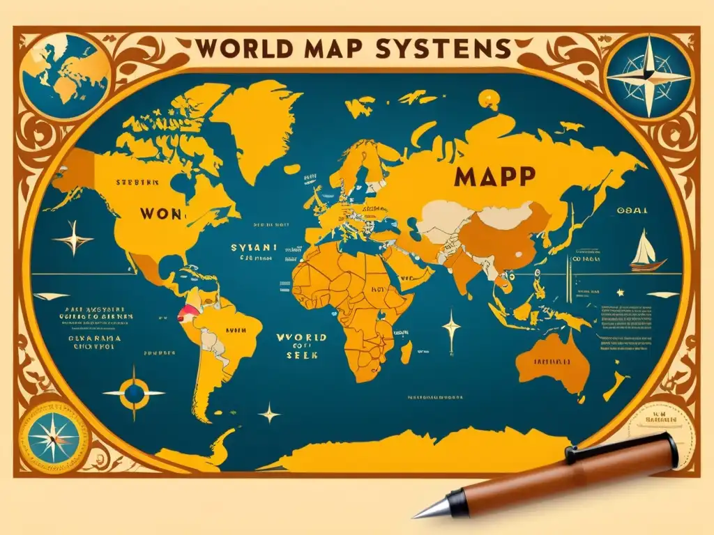 Un póster vintage con un mapa mundial y sistemas de escritura de culturas representando la diversidad lingüística y cultural