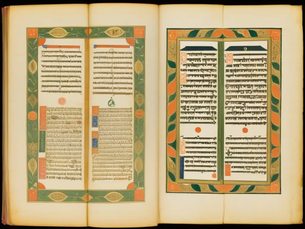 Comparación entre el Prácrito y el Sánscrito: Ilustración vintage de antiguos manuscritos con escritura sánscrita y prácrita, detallada y envejecida