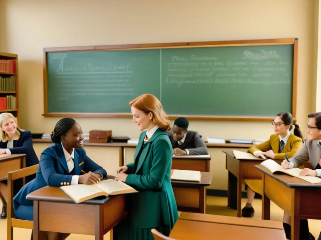 Profesor y estudiantes en aula vintage, discutiendo manuscritos modernos en educación