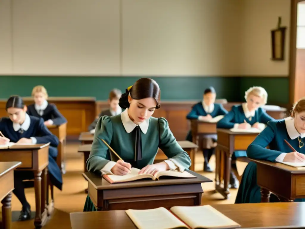 Profesor enseñando manuscritos modernos en educación, ambiente nostálgico de aula vintage con tinta y pergamino