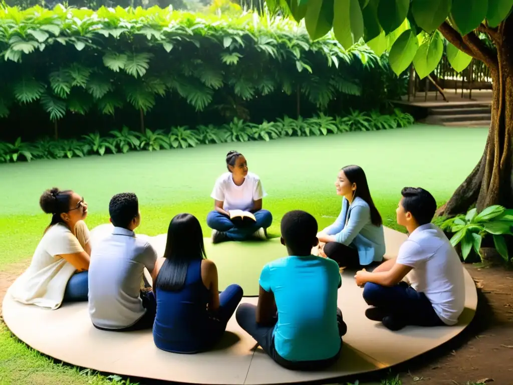 Profesor de Sánscrito enseña a estudiantes diversos al aire libre, creando una atmósfera de calma y aprendizaje en la educación contemporánea