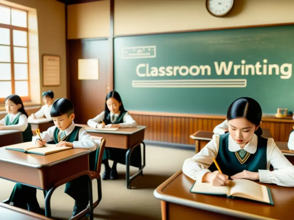 Profesor enseñando sistemas de escritura con realidad aumentada en aula vintage