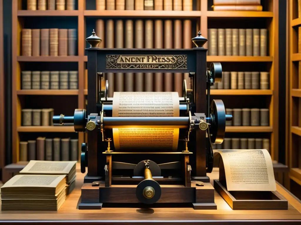 Una reliquia histórica: una antigua prensa de imprenta rodeada de tipografías históricas en un museo
