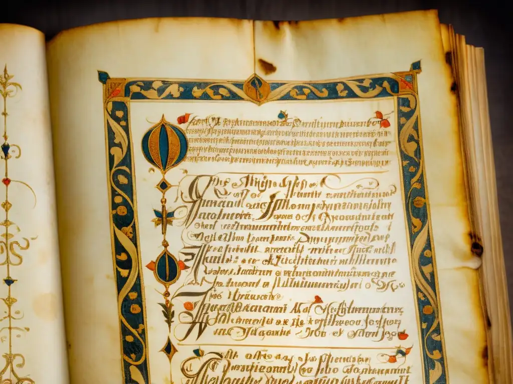 Una representación de un manuscrito antiguo con intrincada caligrafía y detalles decorativos