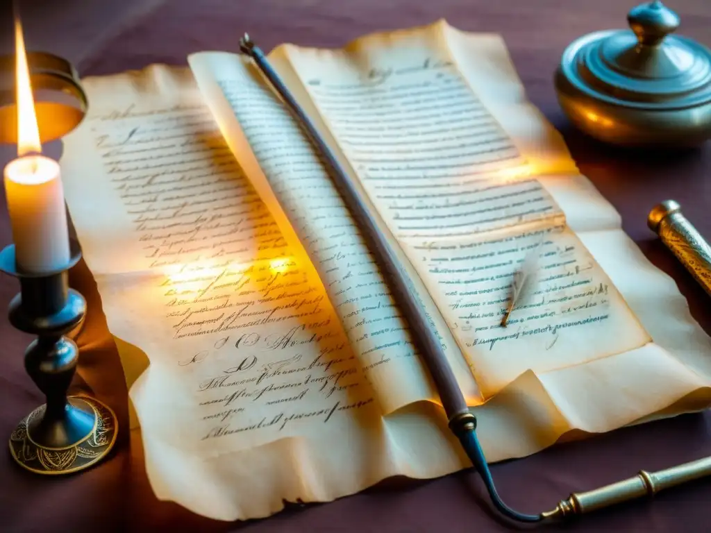 Una reproducción fidedigna de escritura antigua iluminada por luz de vela, con tinteros, plumas y lupa vintage