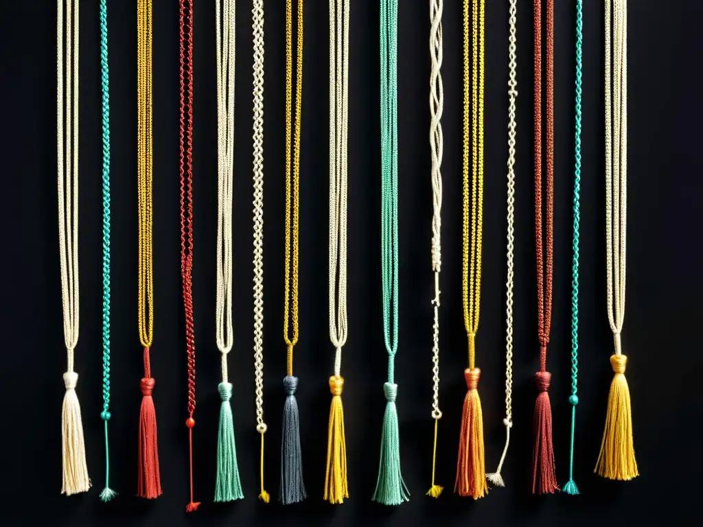 Una fotografía en alta resolución de un antiguo quipu bien conservado, con intrincados nudos de colores en un fondo oscuro