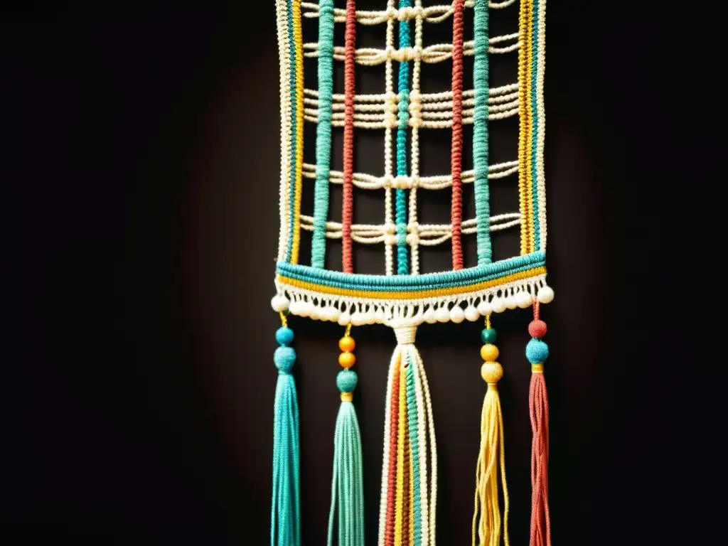 Una fotografía vintage de alta resolución de un bien conservado quipu andino, con intrincados nudos y cuerdas de colores, resaltado en un fondo oscuro