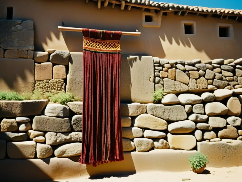 Una fotografía vintage de alta resolución de un quipu inca tradicional colgando sobre una antigua pared de piedra