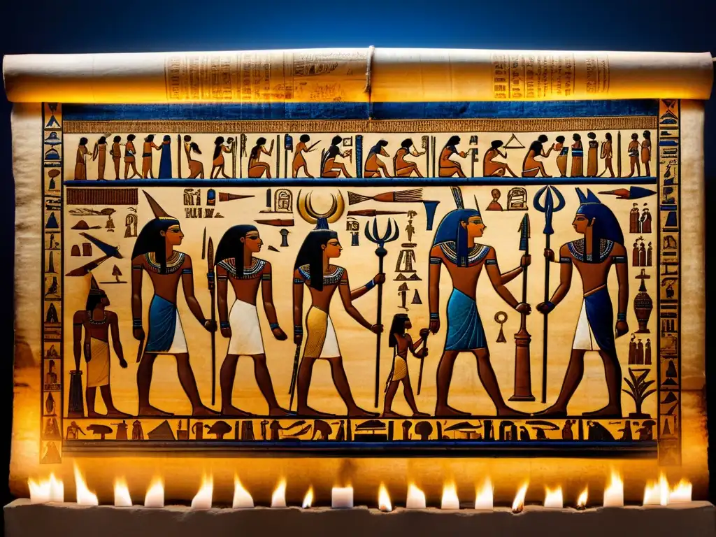 Jeroglíficos ancestrales iluminados en tumba egipcia Retiro amantes escritura jeroglíficos Egipto: Pergamino antiguo iluminado por antorchas en tumba egipcia