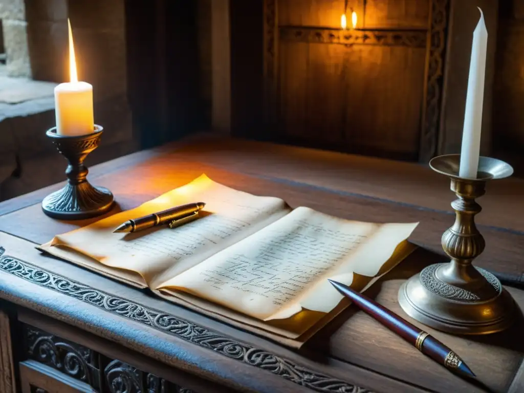 Retiros de escritura en abadías europeas: Escritorio de madera antiguo con plumas y tinteros, iluminado por velas en penumbra medieval