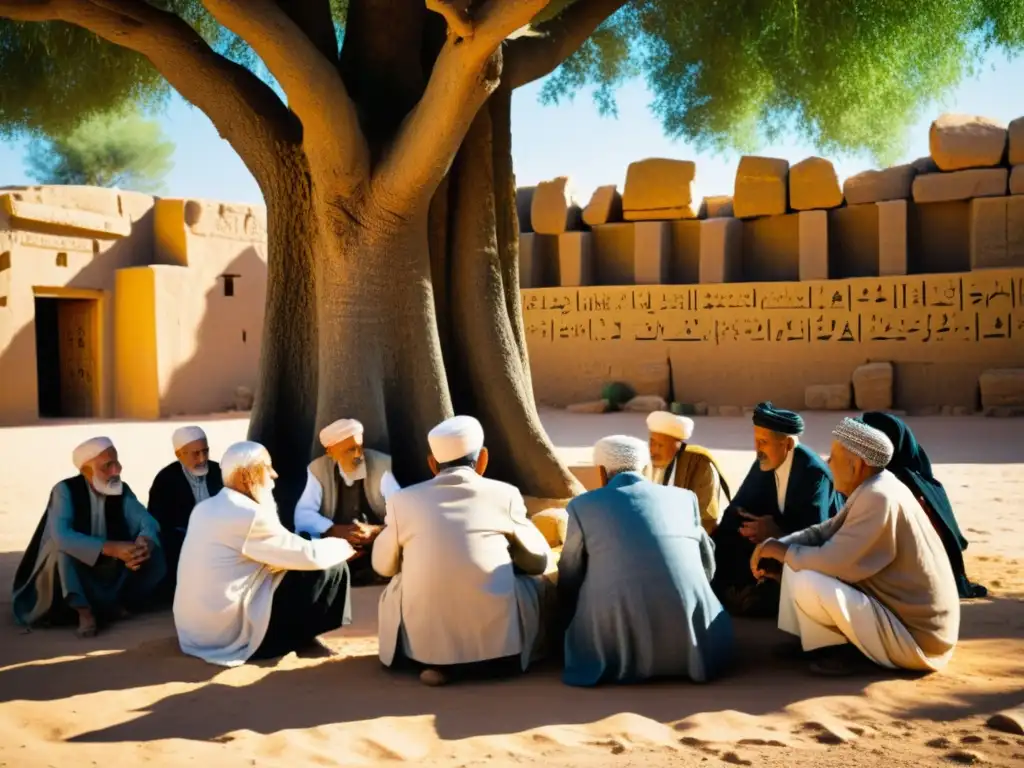 Un retrato evocador de ancianos bereberes bajo un árbol, rodeados de inscripciones tifinagh antiguas