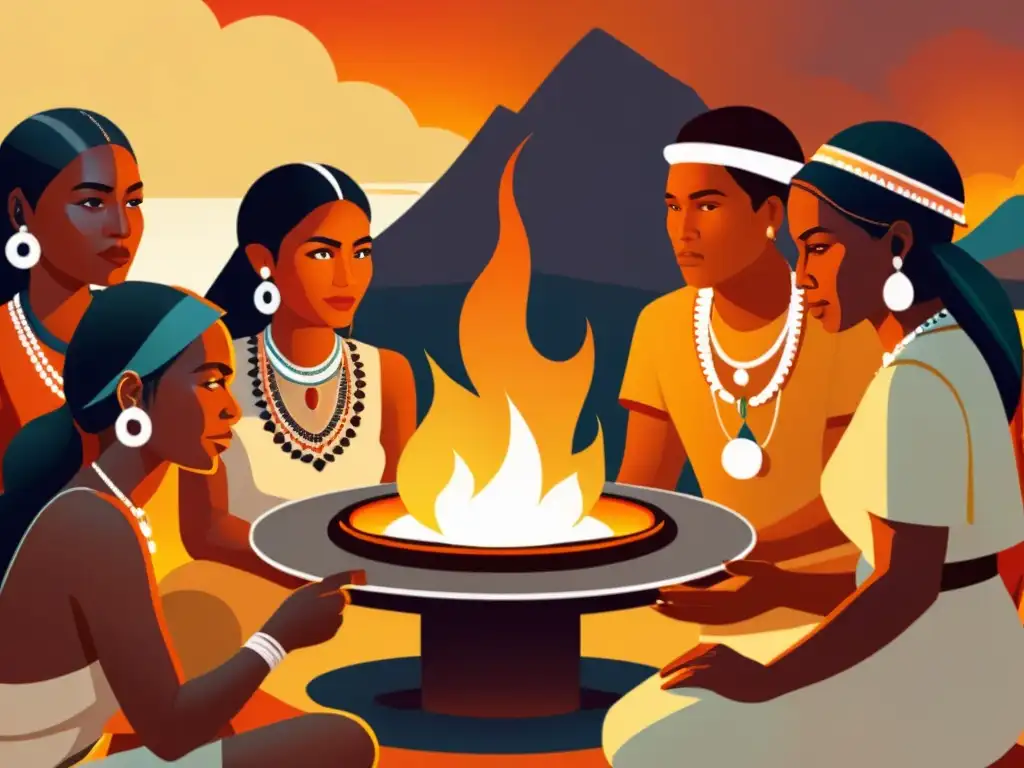 Reunión de indígenas alrededor del fuego, con atuendos tradicionales y un ordenador con software de transcripción, fusionando cultura y tecnología