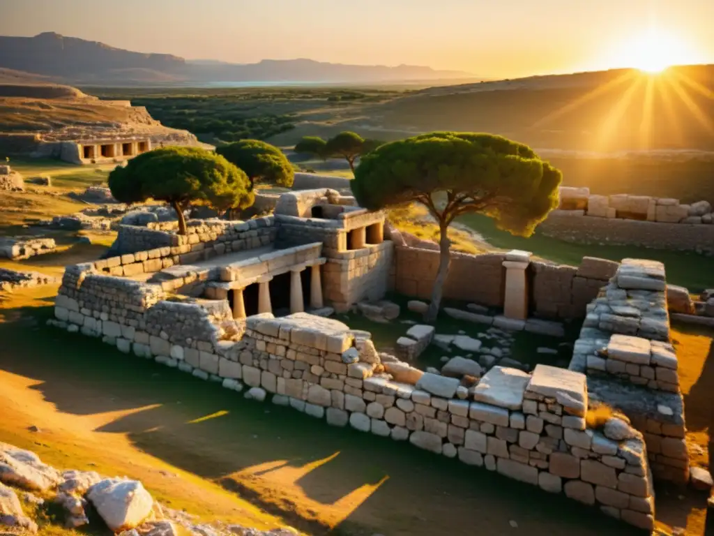 Ruinas antiguas de Ugarit al atardecer, evocando descubrimiento del alfabeto ugarítico