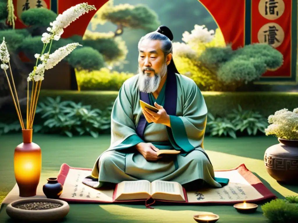 Un sabio chino antiguo consulta el I Ching en un jardín sereno, rodeado de símbolos de interpretación sabiduría divinatoria I Ching