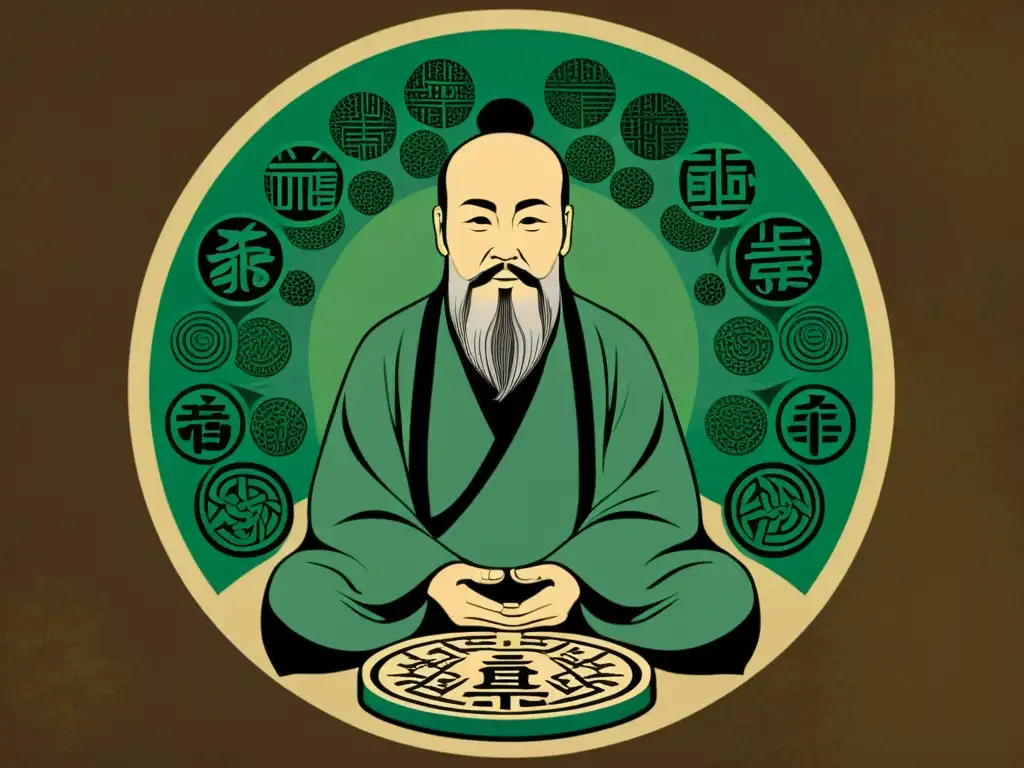 Ilustración vintage de un sabio chino consultando el I Ching, evocando sabiduría ancestral y mística